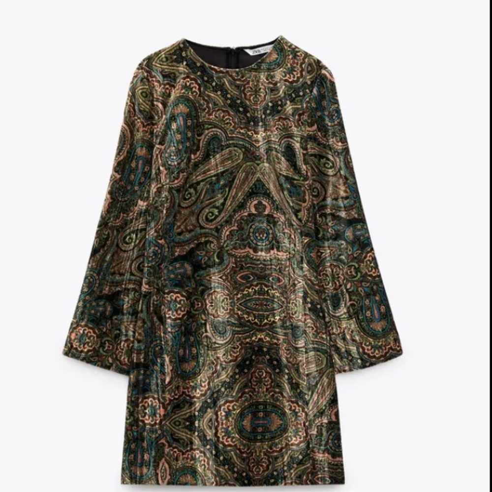 Zara rich deep tones paisley velvet back zip dress Sz XXL NWOT